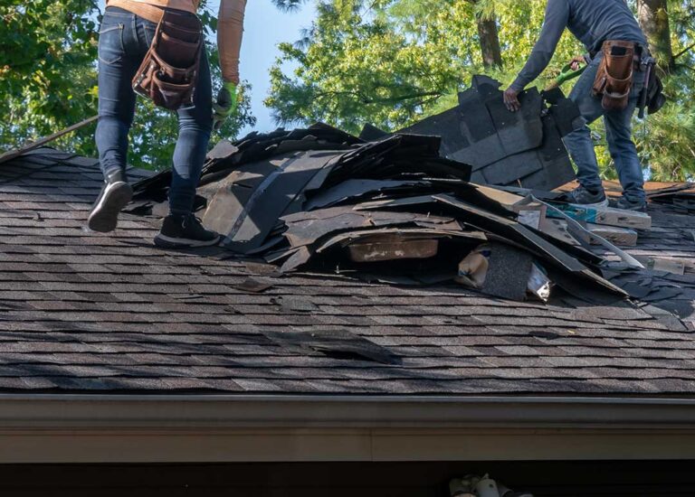 Metal, slate, tile, and asphalt roofing samples beside a snow-covered residential roof.