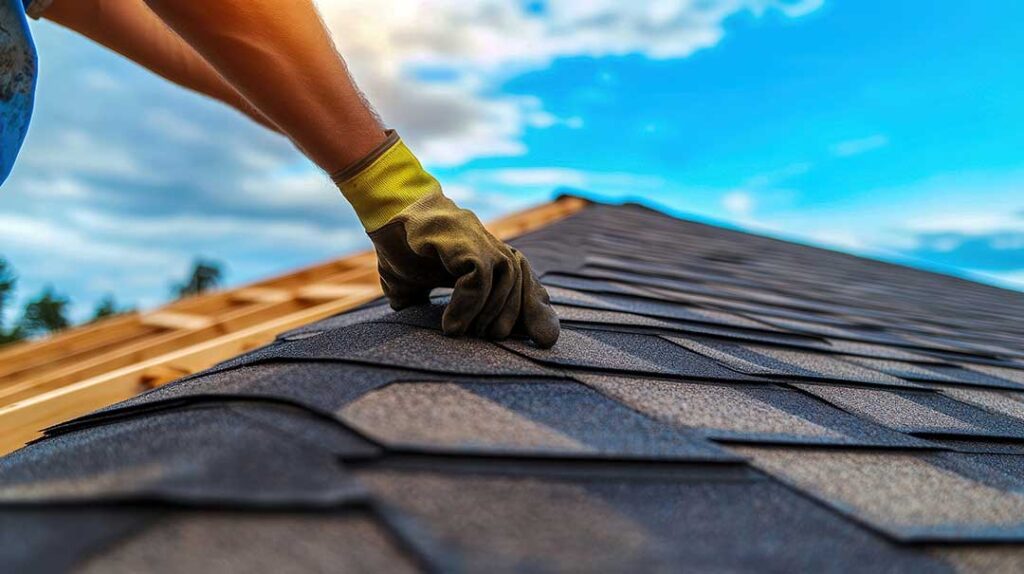 A close-up of a rooftop showing a brick chimney with a small peaked structure diverting water on either side.